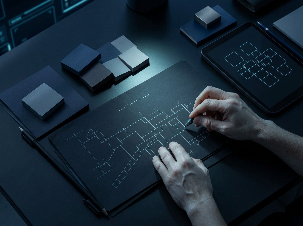 Product planning workspace with illuminated flow diagrams
